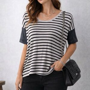 Club Monaco Regan striped dolman leather sleeve top ❤️